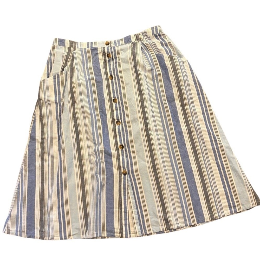 St. John's Bay Blue White Striped Cotton Linen Pockets A-Line Skirt 2X Comfort